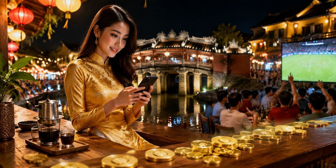 Người dùng truy cập casino trên điện thoại tại Hội An với trang phục áo dài