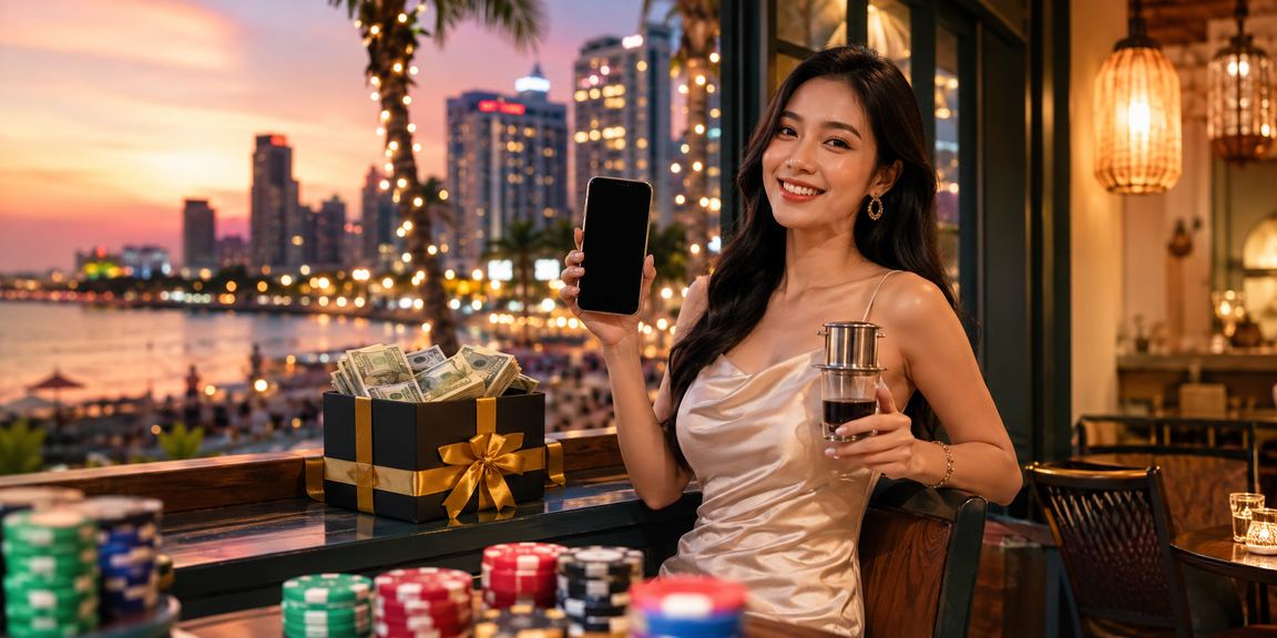 Người dùng Phú Quốc thư giãn với cà phê và casino di động ngoài trời
